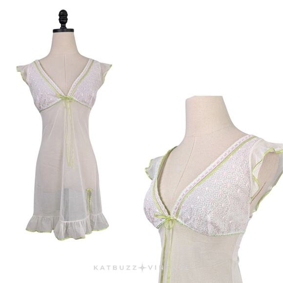 Y2K Sheer Slip Babydoll M Cream Green Vintage Floral Lace Fairy Dainty Nightgown - Picture 2 of 13